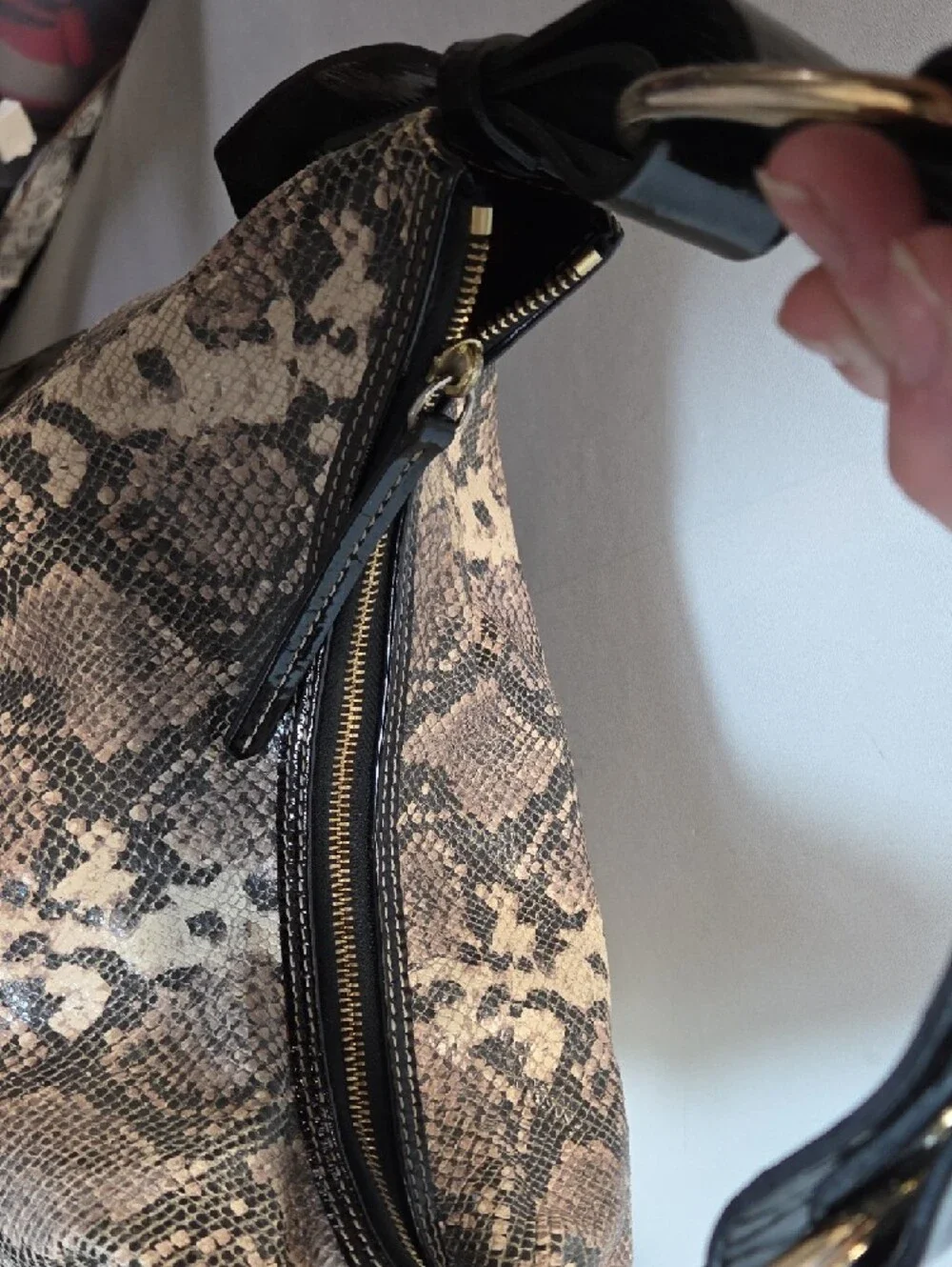 Dooney & Bourke Black and Cream Leather Snake-Print Hobo Bag